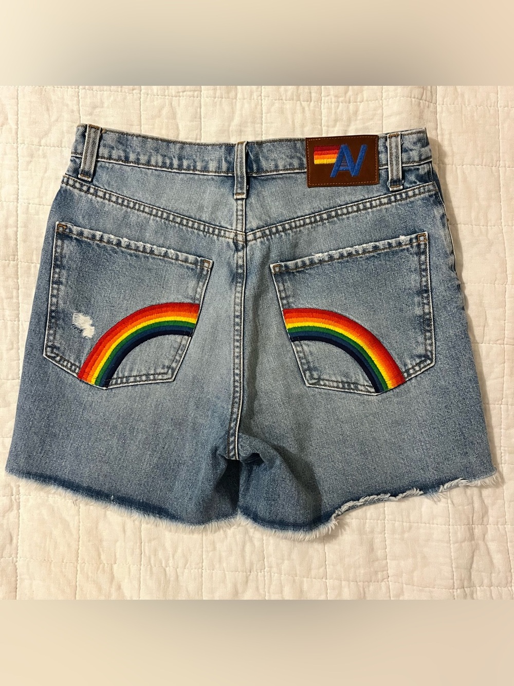 Aviator Nation Light Blue Denim Shorts with Rainbow Patch - Picture 3 of 6